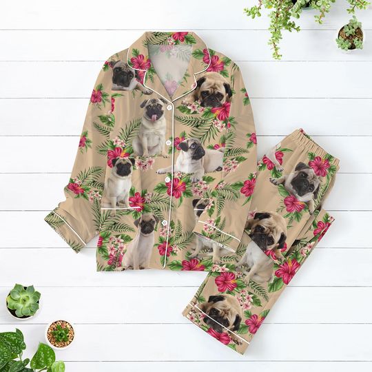 Discover Halloween Pug Pajamas Set, Dog Floral Women’s Sleepwear, Dog Lover Pajamas, Pets Holiday Pajamas, Pjs For Women
