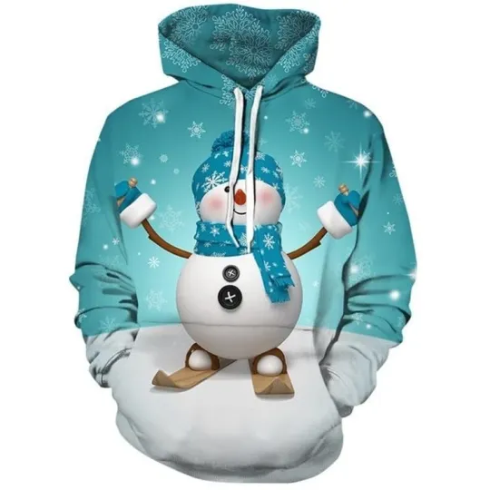 Discover Winter Hoodie – Snowman in Blue Scarf 3D Christmas Pullover
