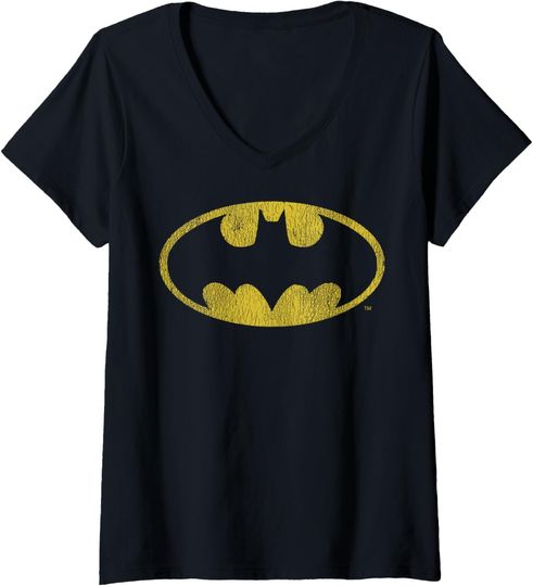 Discover Womens DC Comics Batman Distressed Classic Logo V-Neck T-Shirt