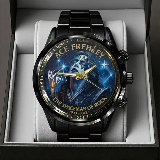 Discover KISS x Ace Frehley Black Stainless Steel Watch The Space Man Of Rock 1951-2025