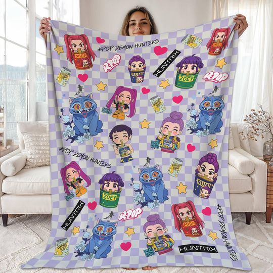 Discover Kpop Huntrix World Tour Fleece Blanket, Huntrix Mira, Zoey, Rumi Ramen Blanket, Derpy The Tiger Kpop Throw Blanket For Couch Sofa
