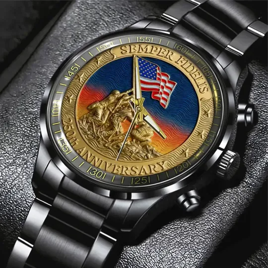 Discover US Marine Corps 250th Anniversary Black Stainless Steel Watch 17911