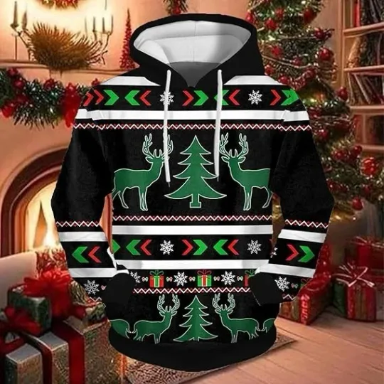 Discover Black Christmas Hoodie 3D Print Reindeer Tree Pattern Unisex Holiday Pullover