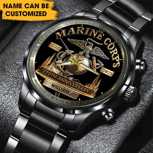 Discover Personalized US Marine Corps 250th Anniversary Black Stainless Steel Watch