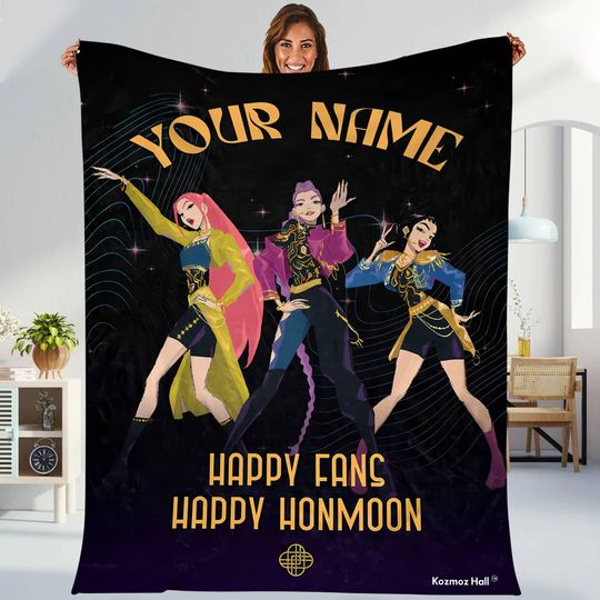 Discover Personalized Kpop Movie Huntrix Throw Blanket,Happy Fans Happy Honmoon,Huntrix Mira,Zoey,Rumi Blanket,Kp0p Lover Fleece Blanket Couch Sofa