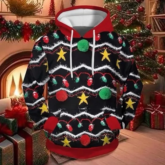 Discover Christmas Lights & Stars Hoodie 3D Print Black Red Green Holiday Unisex Pullover