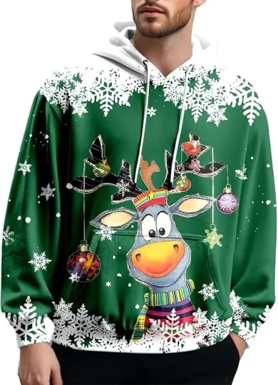 Discover Funny Reindeer Christmas Hoodie 3D Print Green Snowflake Unisex Holiday Pullover