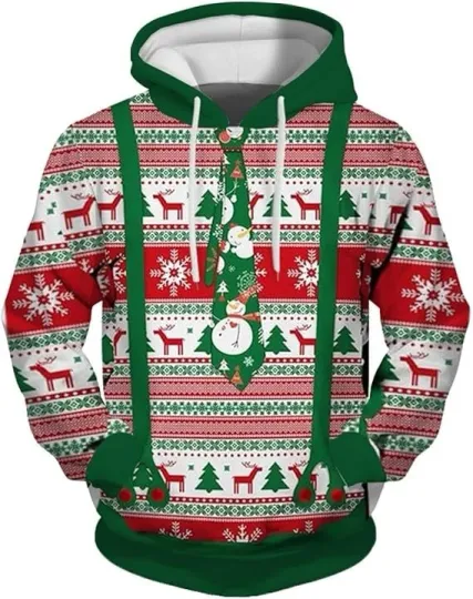 Discover Snowman Tie Christmas Hoodie 3D Print Red Green Ugly Sweater Style Unisex Pullov