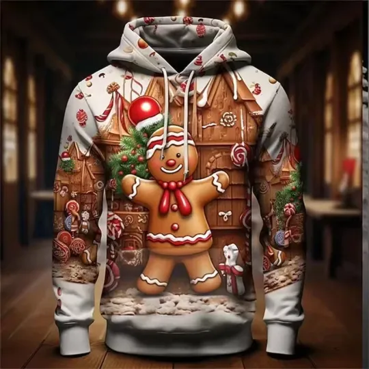 Discover 3D Gingerbread Man Hoodie Candy House Christmas Unisex Holiday Sweatshirt