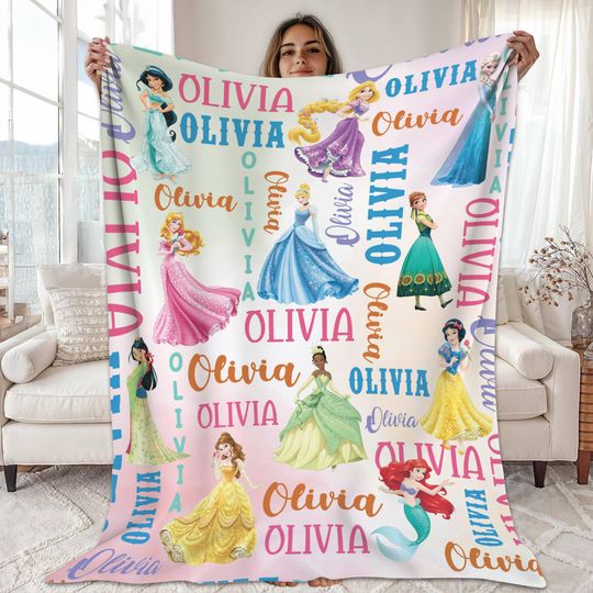 Discover Personalized Watercolor Disneyworld Princess Blanket | Magic Kingdom Princess Throw Blanket Tiana Ariel Mulan Fleece Blanket