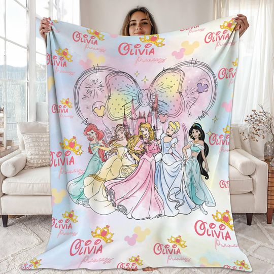 Discover Personalized Watercolor Disneyworld Princess Blanket | Magic Kingdom Princess Throw Blanket Cinde Snow White Princess Fleece Blanket