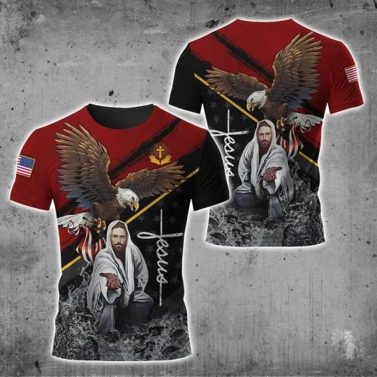 Discover Jesus And Bald Eagle Christian 3D Printed Shirt Best Gift Christian Cross 3D
