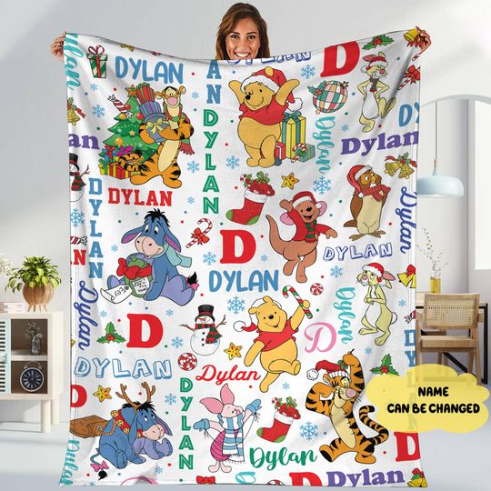 Discover Custom Name Pooh And Friends Christmas Fleece Blanket, Winnie The Pooh Throw Blanket, Friends Birthday Xmas Gift, Christmas 2025 Blanket