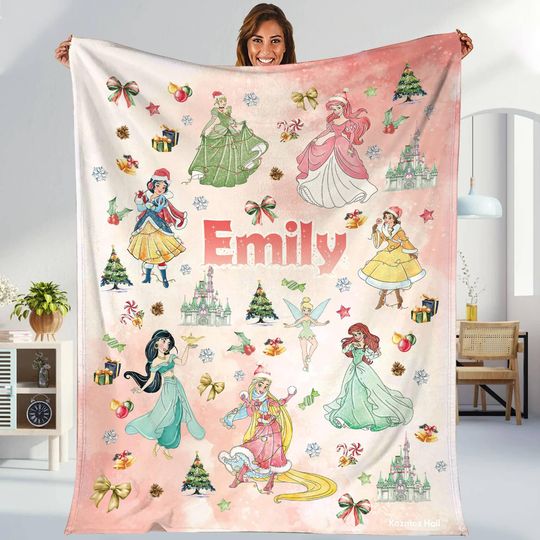 Discover Personalized Watercolor Disneyworld Princess Christmas Blanket, Magic Kingdom Throw Blanket, Tiana Ariel Mulan Xmas Gifts Fleece Blanket