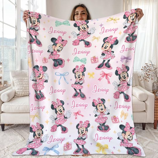 Discover Personalized Watercolor Minnie Mouse Blanket, Custom Name Disneyland Minnie Blanket, Minnie Birthday Gifts, Custom Name Blanket