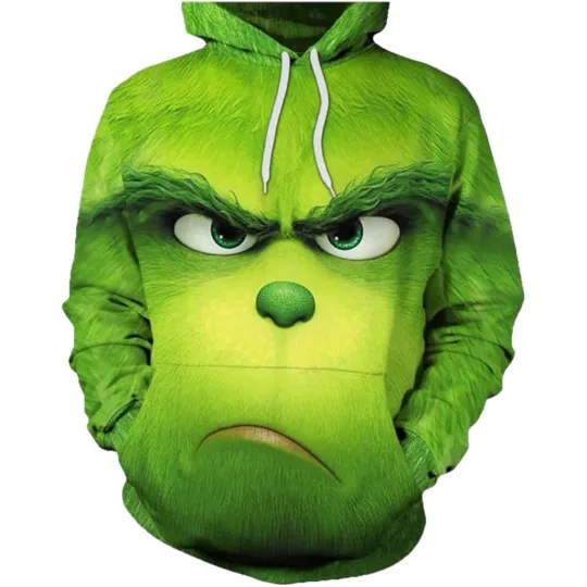 Discover funny character Hoodie Men’s Large Green 3D Graphic Christmas Pullover Sweatshirt Holiday