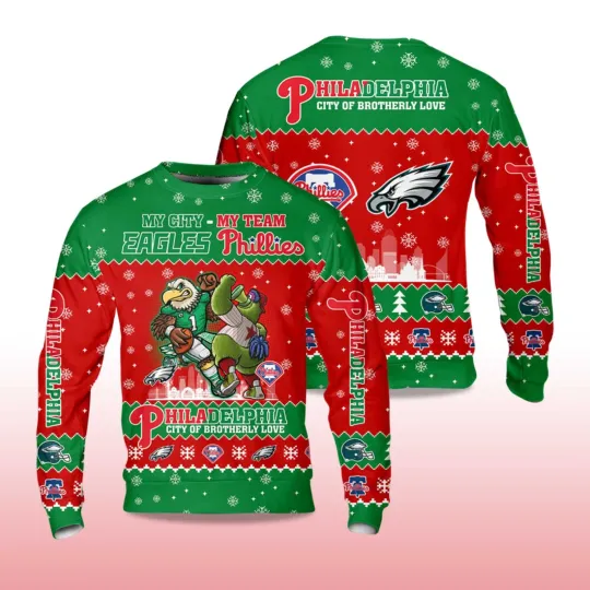 football Eagles x Phillies City Of Brotherly Love 2025 Ugly Christmas Sweater