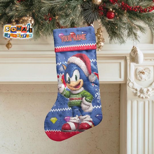 Discover Custom Sonic Ugly Pattern Christmas Stocking, Holiday Decor for Family Fireplace, Cozy Accessories Gift