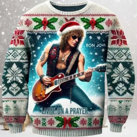 Discover Bon Jovi Livin’ On A Prayer God’s Christmas Ugly Sweater