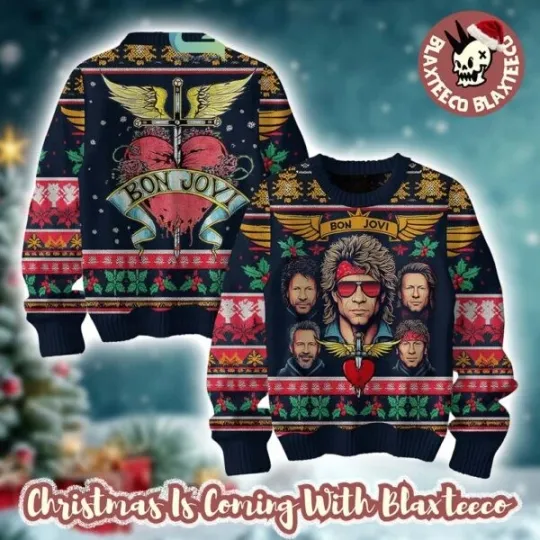 Discover Bon Jovi Band Members Signature The Pain Of Heartbreak Ugly Christmas Sweater