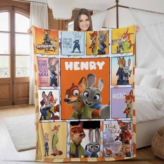 Discover Custom Name Cartoon Movie Blanket, Personalized Animal Cartoon Blanket, Rabbit Fox And Friends Blanket, Cartoon Love Gifts