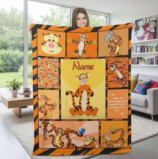 Discover Custom Name Tigger Cartoon Blanket, Personalized Name Tigger Movie Blanket, Cartoon Blanket Gift For Boy Or Girl, Tigger Love Gifts