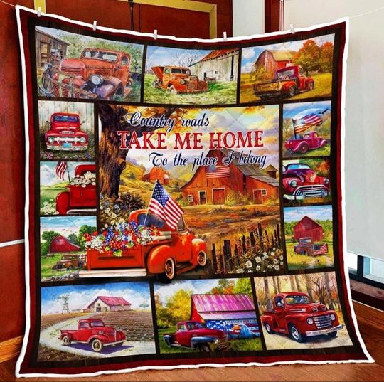 Discover Red Truck Country Roads Take Me Home To The Place I Belong Quilt Blanket, Christmas Blanket, Personalized Blanket, Christmas Gifts