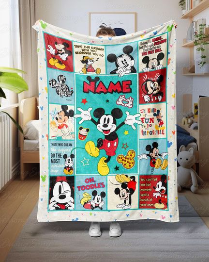 Discover Personalized Mickey Quotes Blanket, Classic Mickey Baby Shower Blanket, Retro Magical Mouse Blanket, Disney Cartoon Kid Bedroom Decor THA315