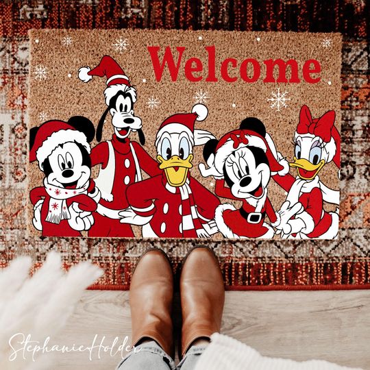 Discover Mouse and Friends Holiday Welcome Doormat, Christmas Cartoon Characters Rug, Winter Entryway Decor