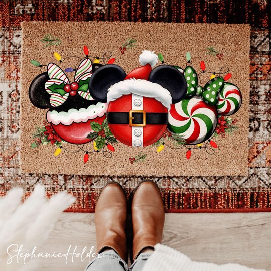 Discover Christmas Peppermint Candy Mouse and Friends Welcome Mat, Cartoon Christmas Rug, Cute Winter Decor