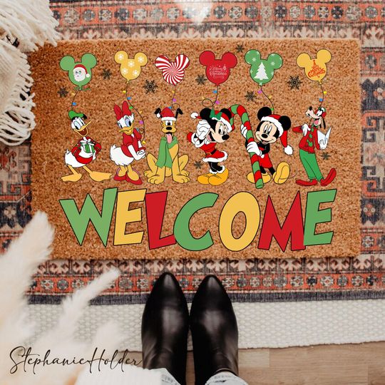 Discover Mouse and Friends Holiday Doormat, Christmas Cartoon Rug, Winter Entryway Decor