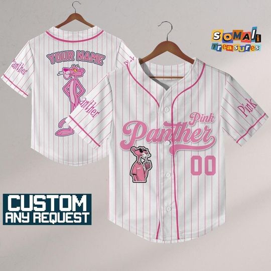 Custom Pink Panther Baseball Jersey, Cute Cartoon Animal Jersey Shirt, Funny Panther for Fan