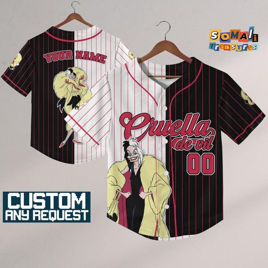 Discover Personalized Cruella De Vil Baseball Jersey, Custom Halloween Villain Shirt, Disneyland Kids Birthday Gift