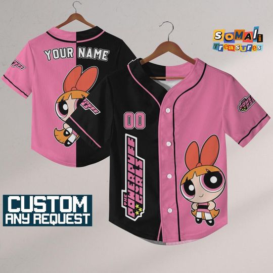 Custom Blossom Half & Half Baseball Jersey, The Powerpuff Girls Family Cartoon Matching Shirt