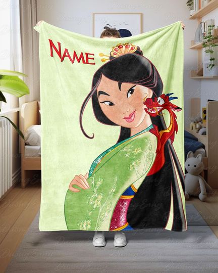 Discover Mulan And Mushu Fairytale Blanket, Custom Name Disney Character Blanket, Cute Disney Hero Blanket For Kids, Unique Disney Fan Gift