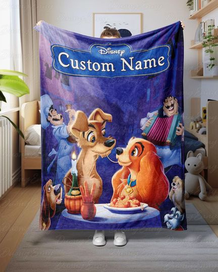 Discover Disney Lady And Tramp Custom Name Throw, Cute Puppy Couple Blanket, Cozy Romantic Movie Blanket, Disney Dog Lovers Gift Home Decor