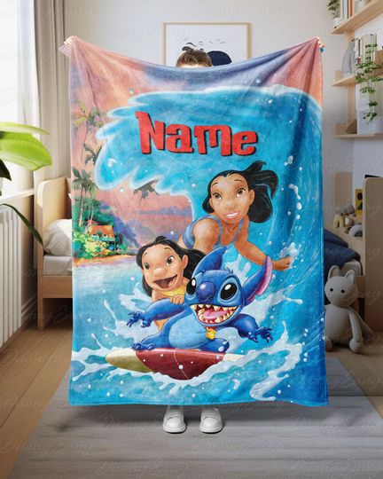 Discover Custom Name Lilo And Stitch Blanket, Lilo And Stitch Beach Blanket, Funny Stitch Surfing Blanket, Disney Cartoon Movie Gift For Kids