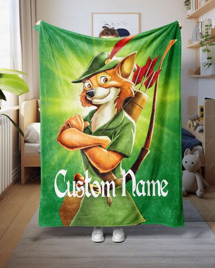 Discover Custom Name Disney Robin Hood Blanket, Robin Hood Cartoon Character Throw, Medieval Hero Fox Blanket, Disney Gift For Boys Or Girls