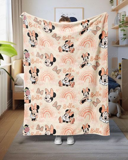 Discover Disney Minnie Mouse Nursery Blanket, Custom Name Disney Blanket For Girl, Rainbow Minnie Mouse Throw, Holiday Gift For Disney Fans