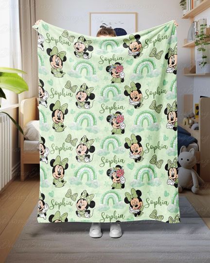 Discover Minnie Mouse Baby Name Customized Blanket, Green Rainbow Minnie Mouse Blanket, Minnie Mouse Disneyland Blanket, Cartoon Room Decor, THA317-4