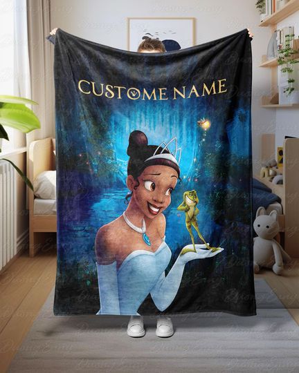 Discover Customized Princess And The Frog Blanket, Custom Name Disney Throw For Kid, Princess Tiana Lover Blanket, Cute Disney Character Gift, VTB496