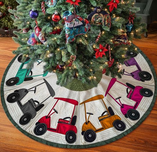 Golf Cart Christmas Tree Skirt, Colorful Holiday Decor for Golf Lovers
