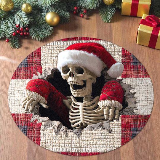 Discover Spooky Santa Skeleton Christmas Rug, Holiday Round Floor Mat, Gothic Xmas Decor, Funny Santa Skeleton Carpet