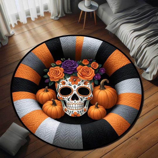 Halloween Sugar Skull 3D Round Floor Mat, Day of the Dead Halloween Rug, Halloween Door Welcome Mat