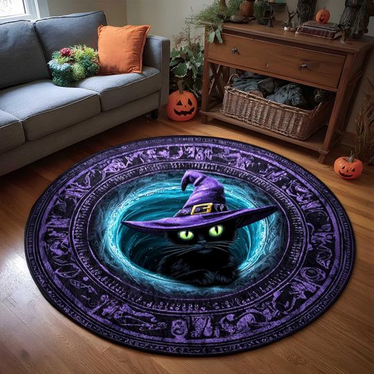 Halloween Black Cat 3D Printed Round Floor Mat, Haunted House Welcome Rug