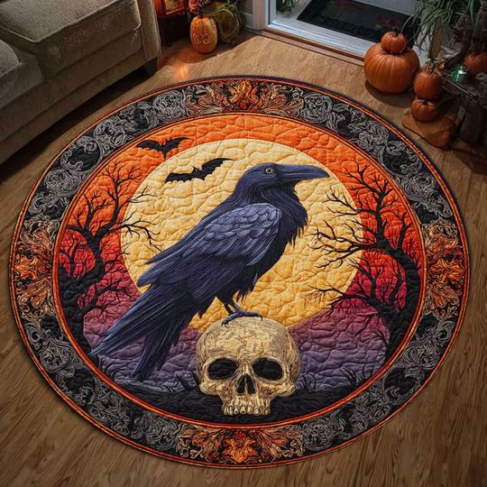Halloween Black Raven 3D Printed Round Floor Mat, Raven Halloween Rug, Fall Decor Halloween Welcome Door Mat