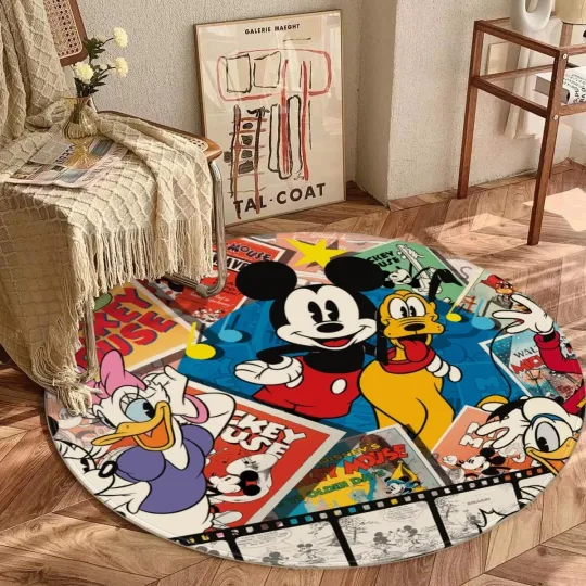 Disney Mickey Mouse Round Floor Mat Rug, Foldable Non-Slip Carpet for Living Room & Decor