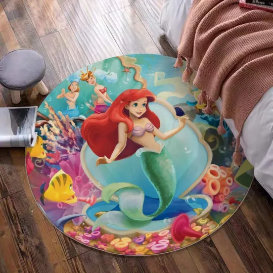 The Little Mermaid Print Foldable Round Floor Mat Rug Non-slip Backing Home Decor