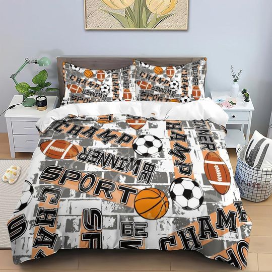 Discover Champ Sports Duvet Cover Set, Sports Bedding, Soccer Basketball Softball, Sport Bedroom Decor for Boys