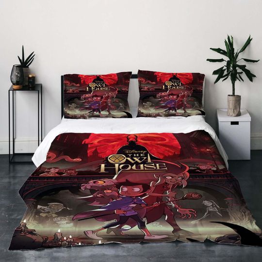 Discover Gift Christmas 3-Piece Owl House  Duvet Cover Bedding Set,Queen Size, Includes Quilt Cover, Pillowcases, Machine Washable.